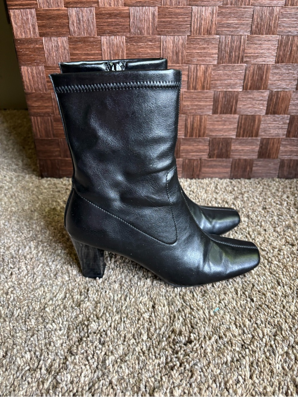 Black Mid-Calf Block Heel Boots, shoes